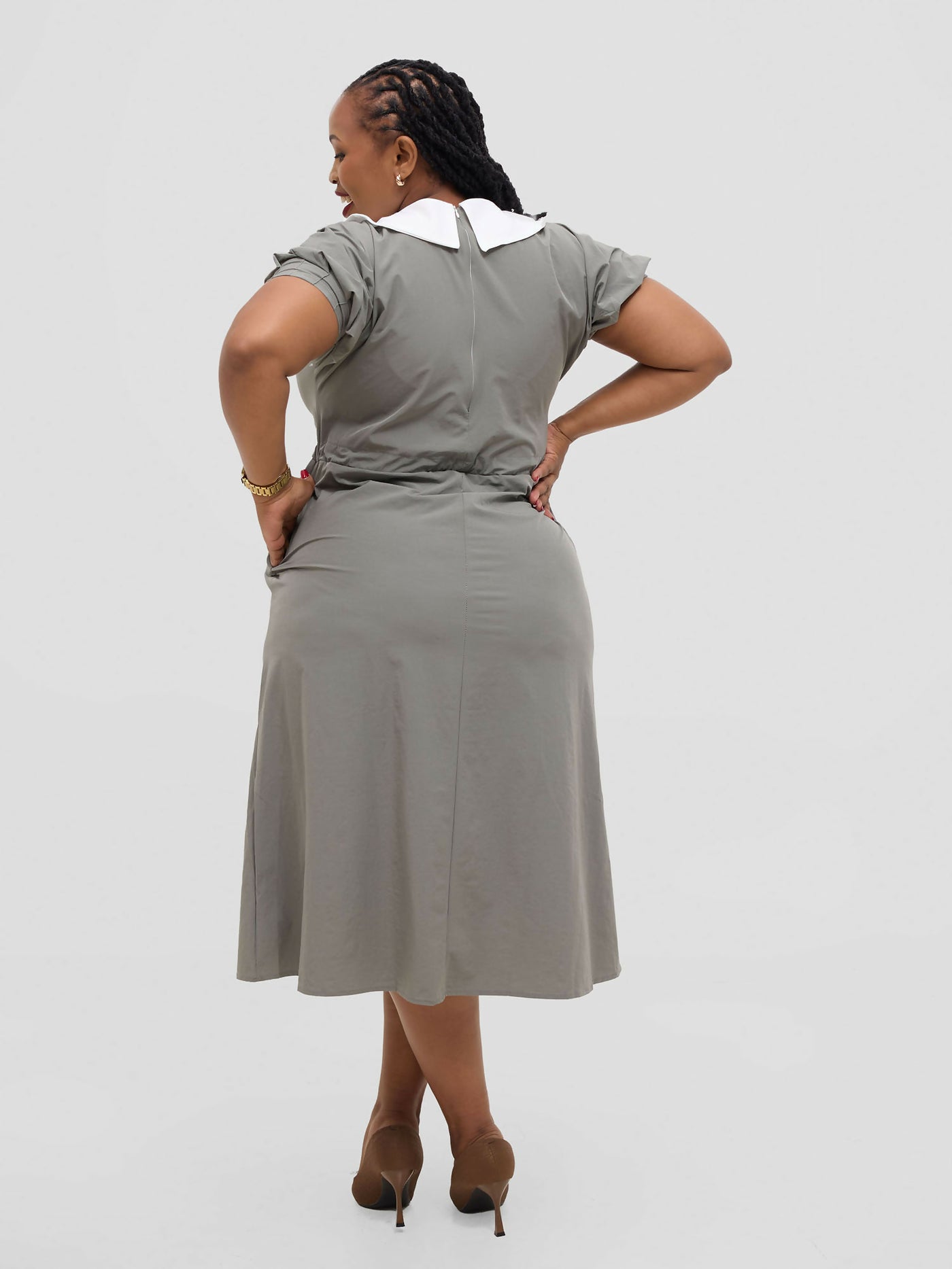 Hessed Peter Pan Collar Drawstring Dress - Grey - Shopzetu
