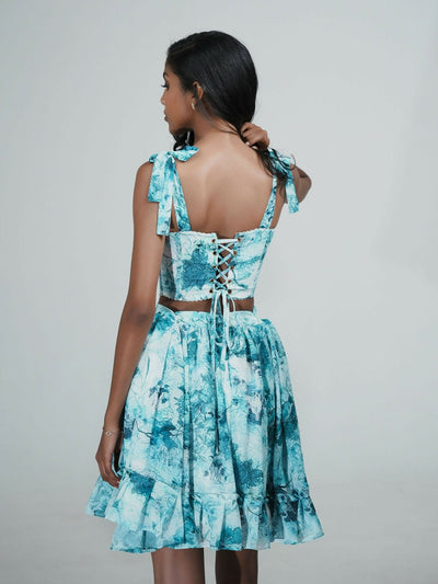 Misstcal Backless Lace Up Adjustable Chiffon Corset Set - Blue Print - Shopzetu
