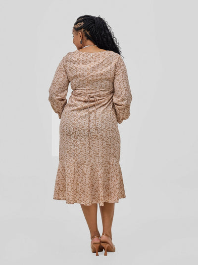Hessed Square Neck Long Sleeves Floral Print Fit & Flare Dress - Brown - Shopzetu