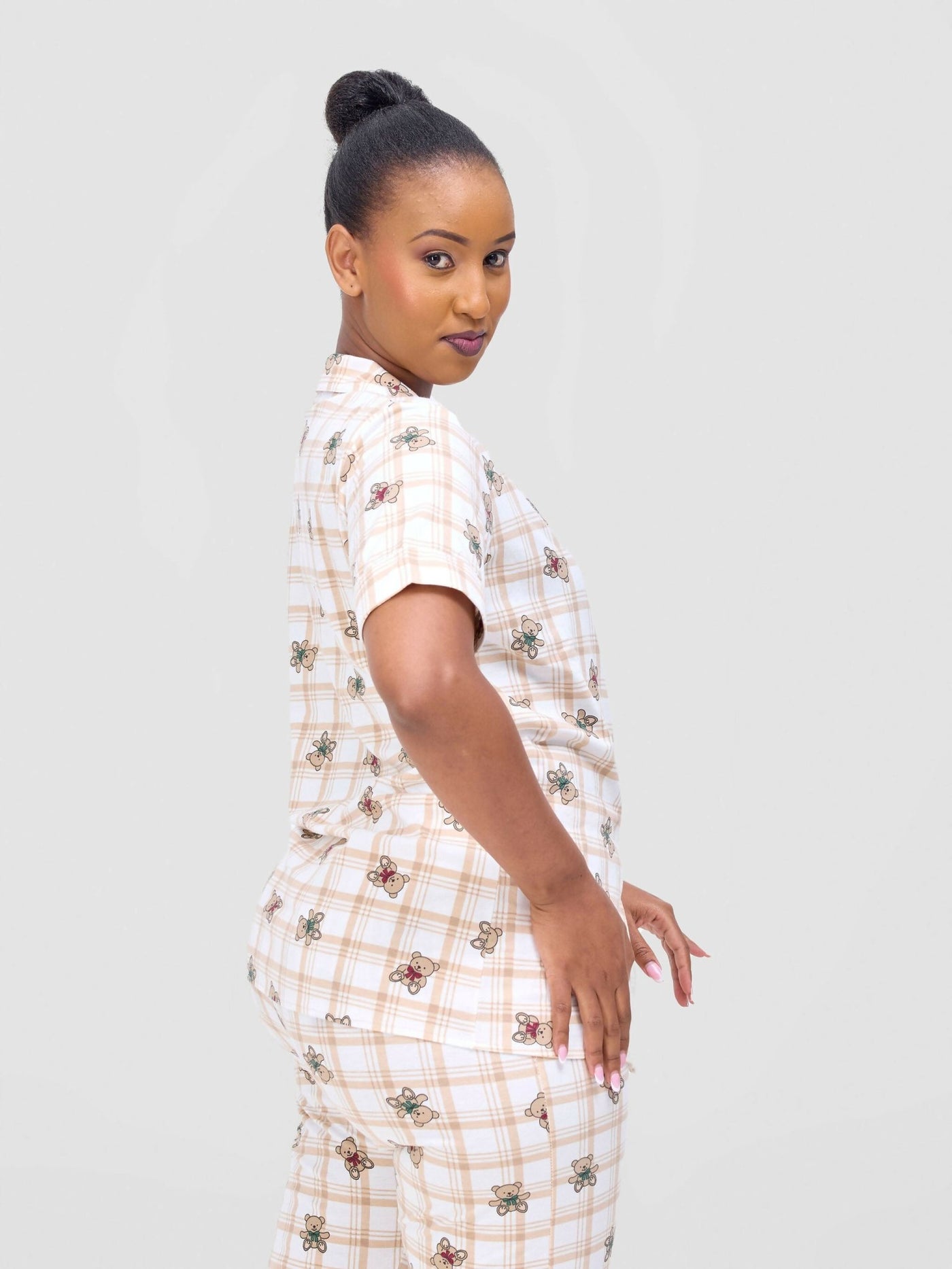 Iristyle Cotton Pyjamas Pant Set - White / Brown - Shopzetu