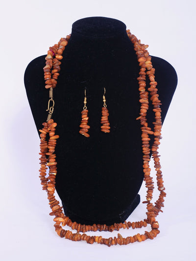 Double Layered Ceramic Beads Necklace Set - Brown - Shopzetu