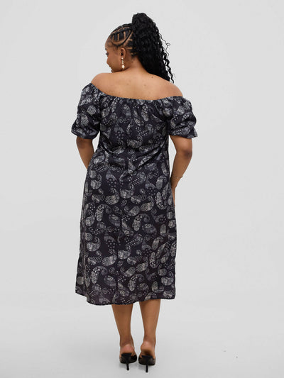 Hessed Off Shoulder Ballon Sleeve Dress - Black - Shopzetu