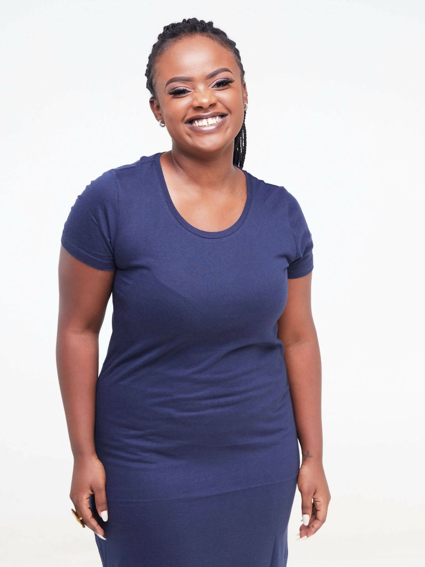 Hessed Sleeved Midi Plain Dress - Navy blue - Shopzetu