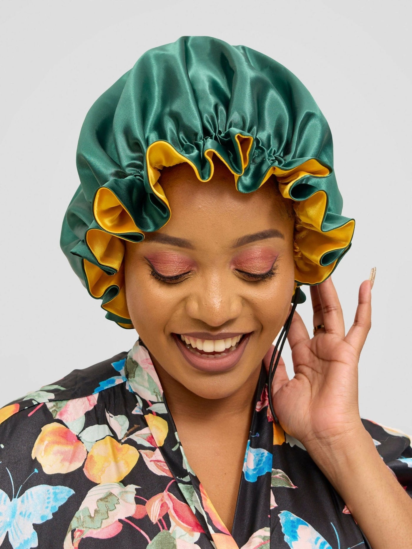Satin Luxe Ruffle Bonnet - Green / Mustard - Shopzetu