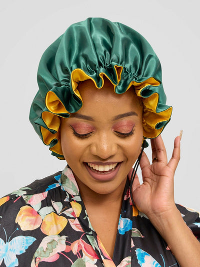 Satin Luxe Ruffle Bonnet - Green / Mustard - Shopzetu