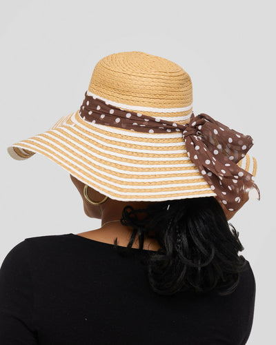 Umbo Collections Wide Brim Straw Sun With Polka Dot Bow Hat - Brown