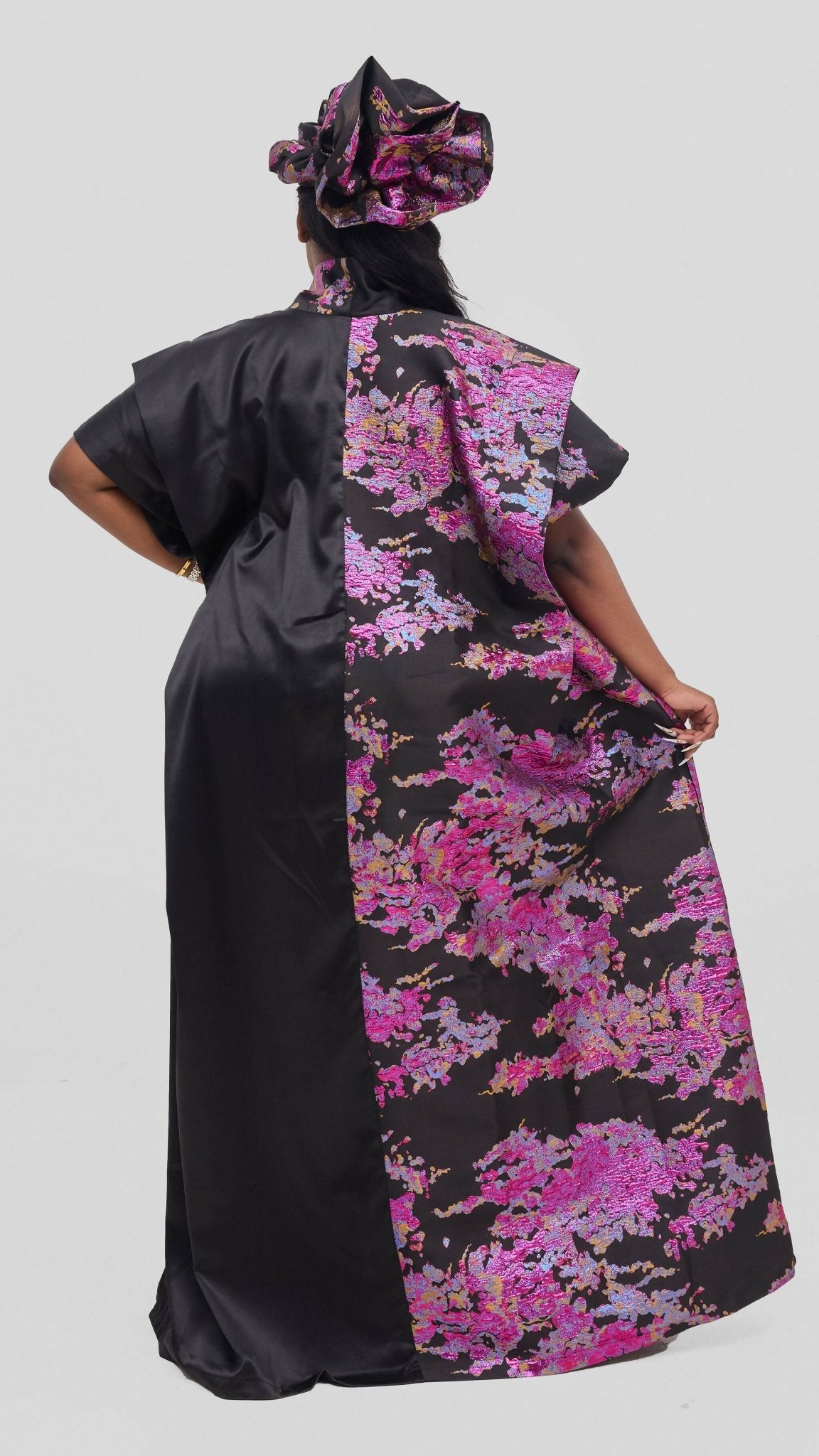Hats And More Bold Elegance Dress & Matching Headwrap – Black / Pink Print - Shopzetu