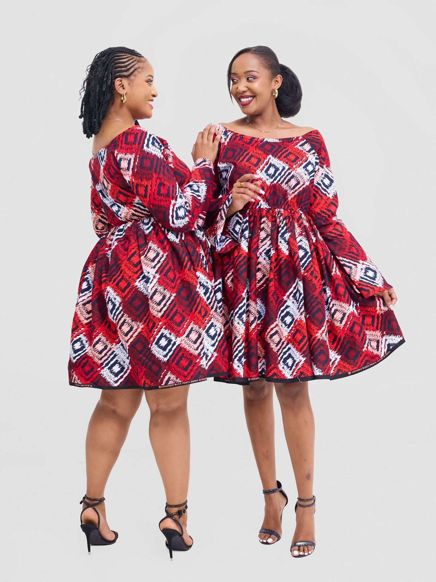 Prettygline Ankara Crimson Charm Off - Shoulder Skater Dress - Red - Shopzetu