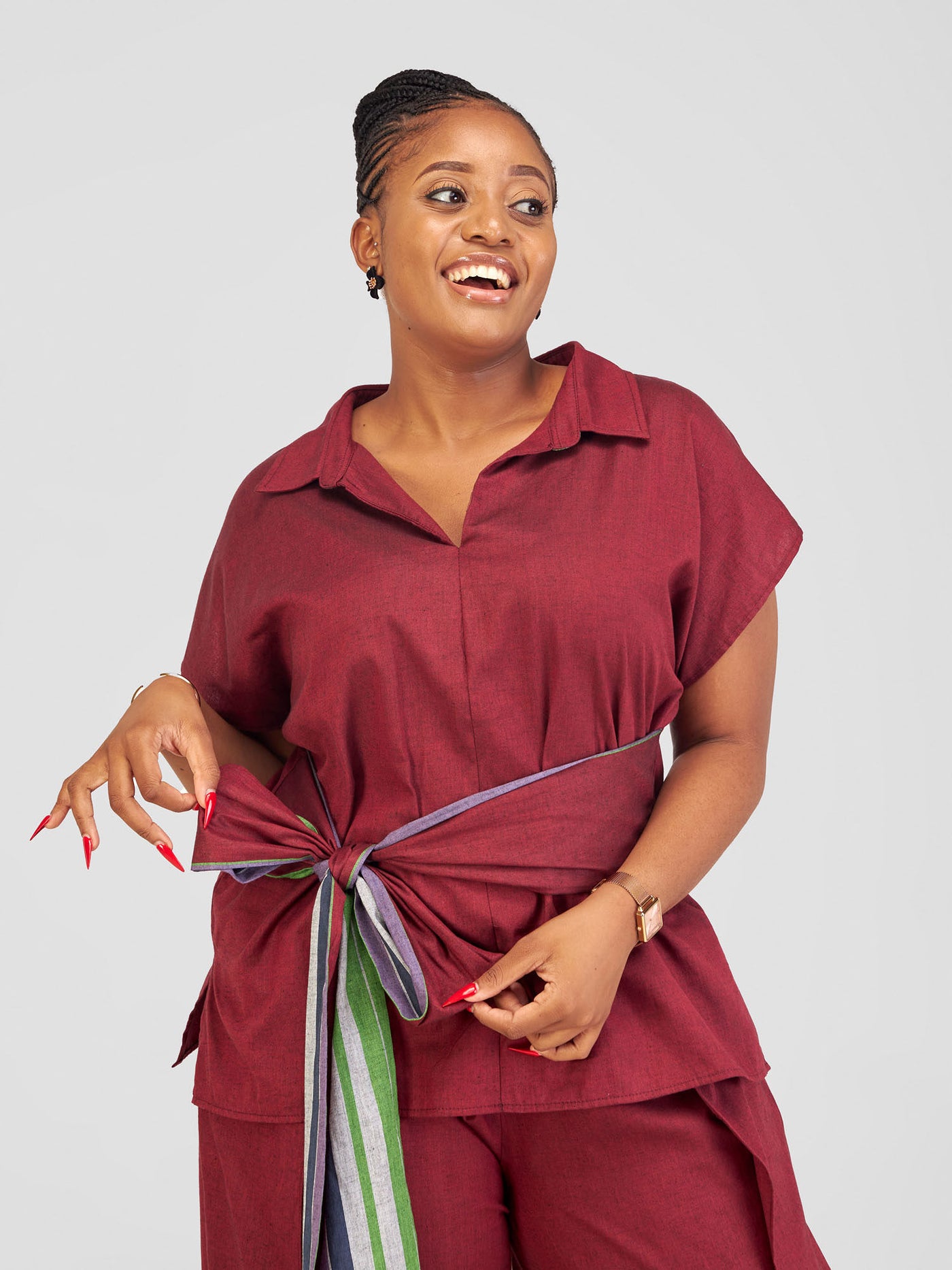 Safari by Vivo Haya Drop Shoulder Side Tie Top - Maroon Koi Print