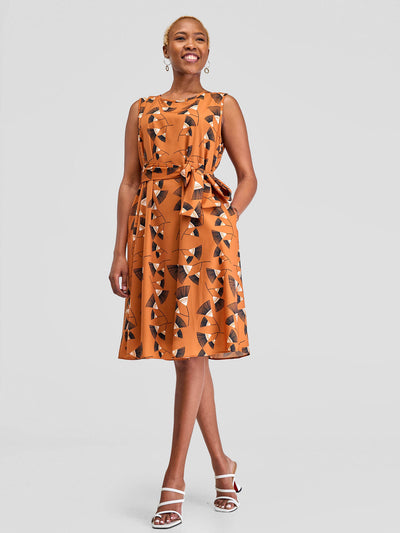 Vivo Basic Sleeveless Tent Dress - Brown/Black Print - Shopzetu