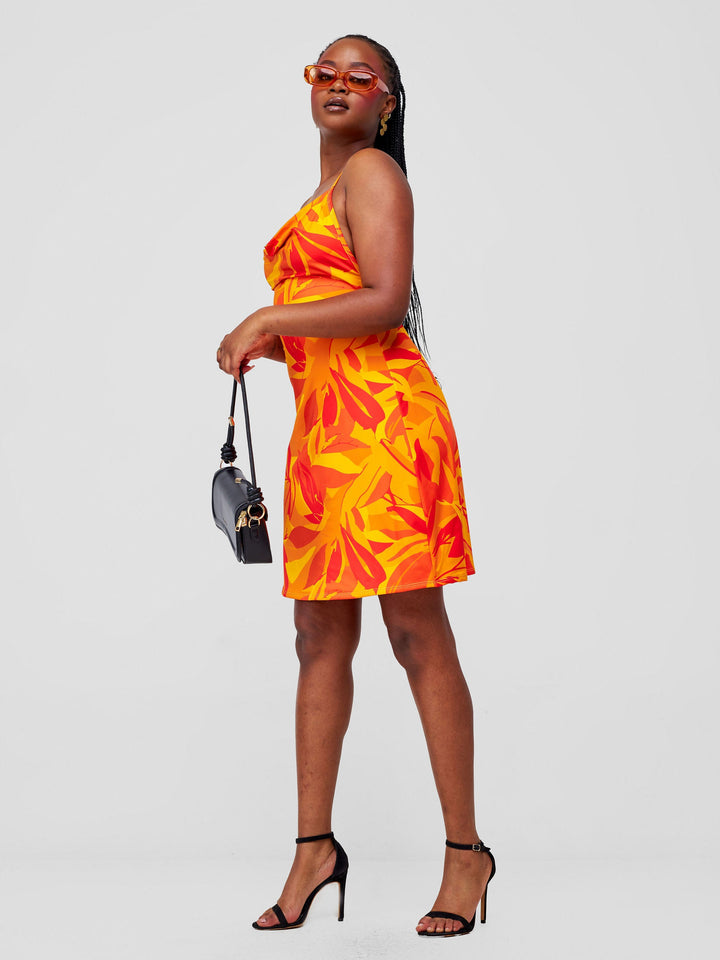 Zoya Party Cowl Bare Back Mini Dress - Safron / Mustard Waridi Print