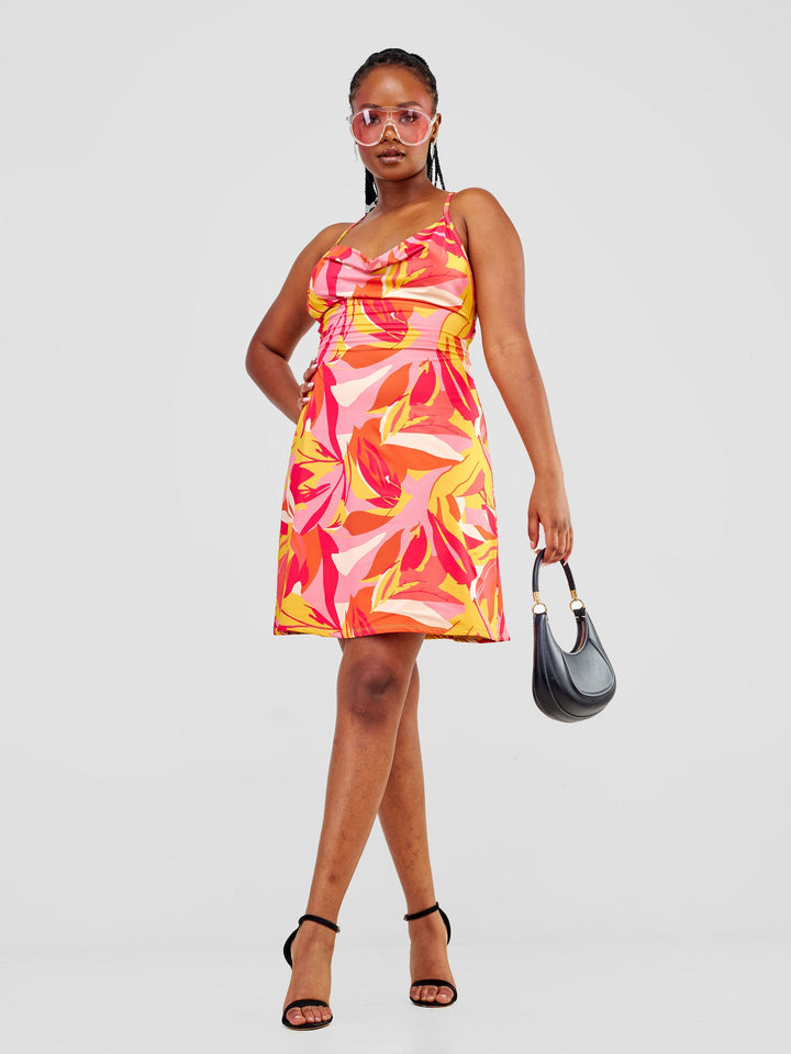 Zoya Party Cowl Bare Back Mini Dress - Taupe / Pink Waridi Print