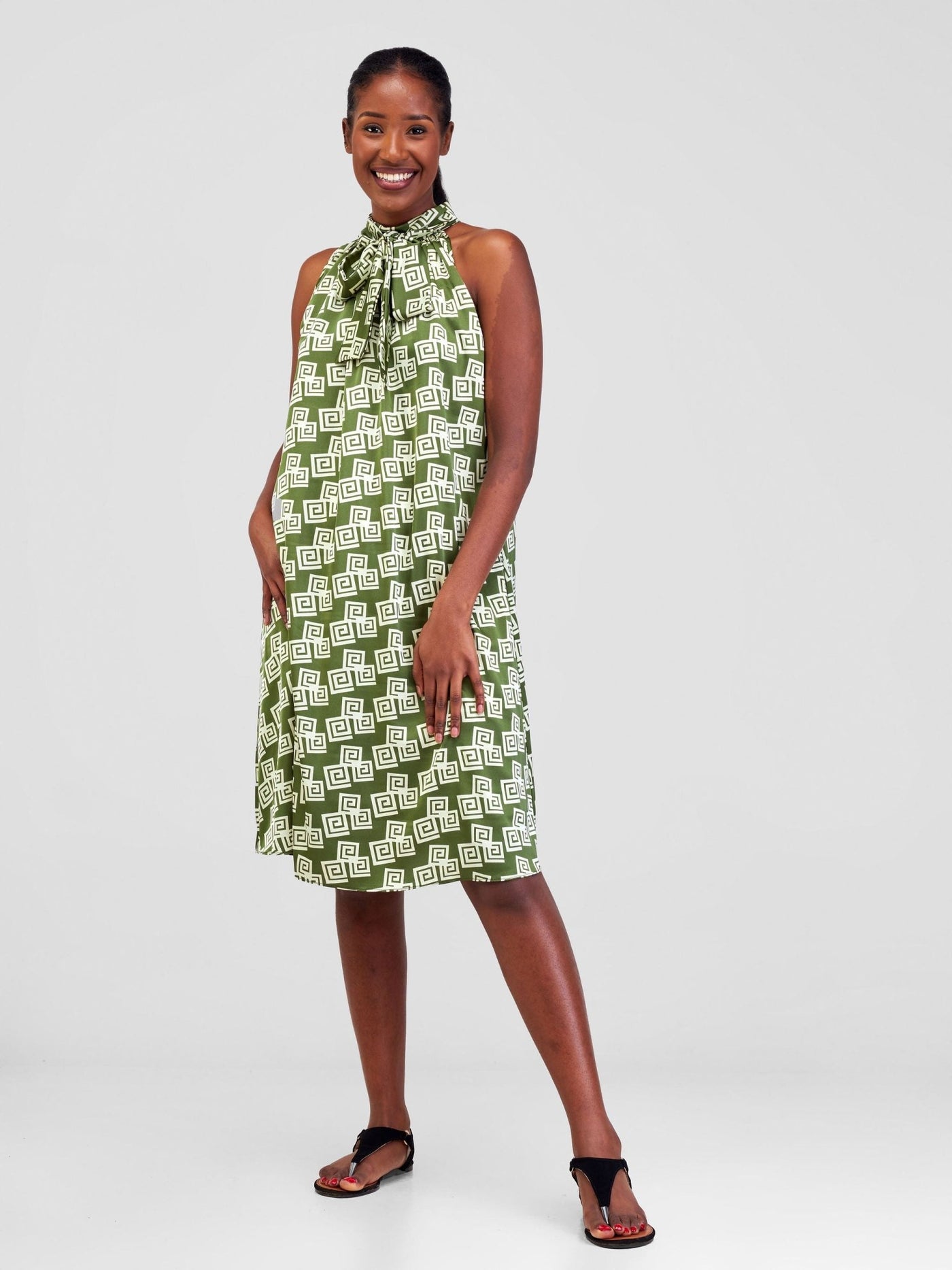 Vivo Jamila Halter Neck Knee Length Dress - Green / Cream Geometric Print - Shopzetu