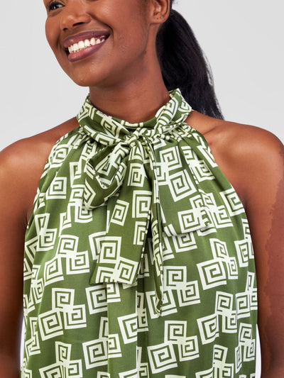 Vivo Jamila Halter Neck Knee Length Dress - Green / Cream Geometric Print - Shopzetu