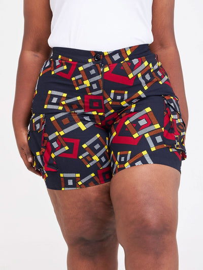 Safari Anga Wide Shorts - Navy Blue / Orange Ankara Print - Shopzetu