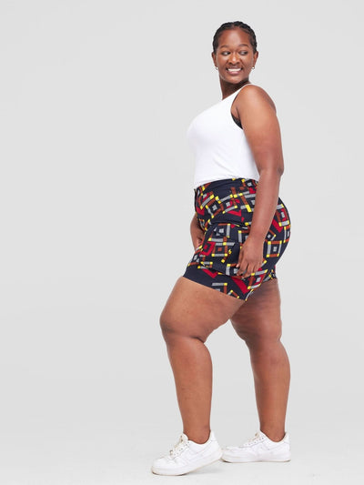 Safari Anga Wide Shorts - Navy Blue / Orange Ankara Print - Shopzetu