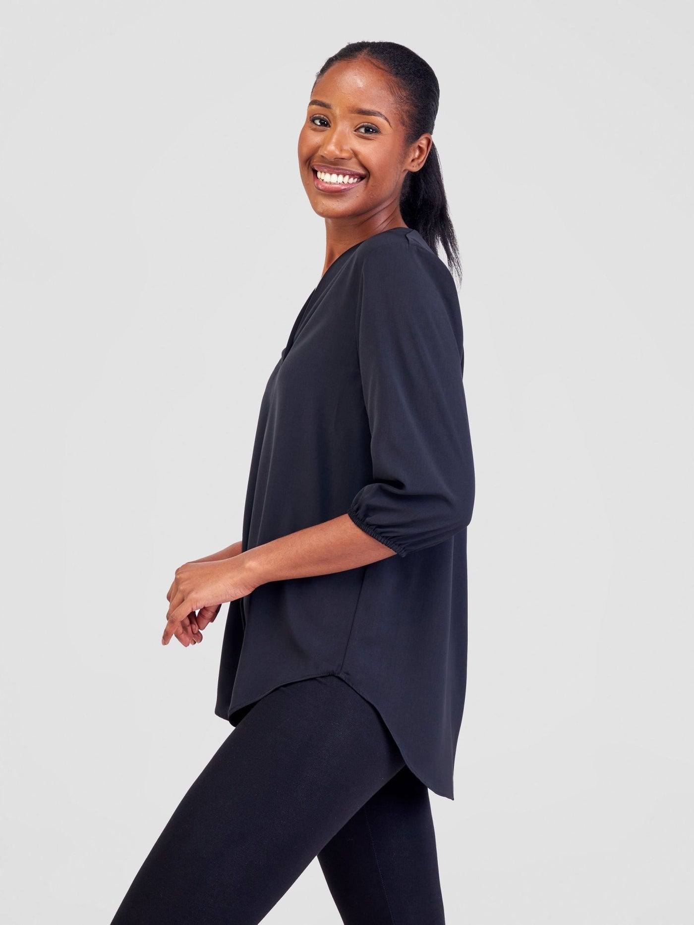 Vivo Dua 3/4 Sleeved V Neck Shirt - Black - Shopzetu