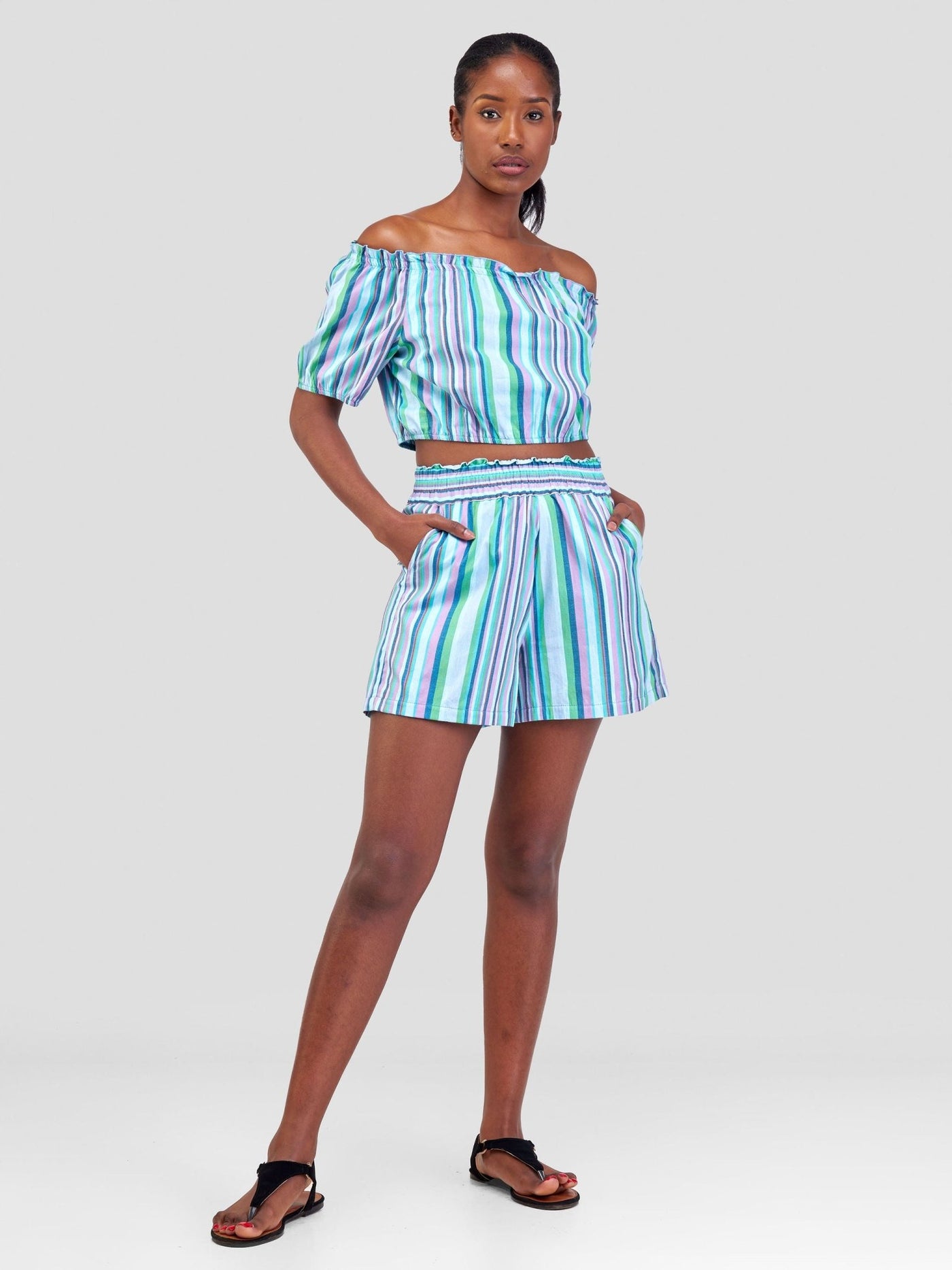 Safari Kikoy Off Shoulder Crop Top - Blue / Pink Print - Shopzetu