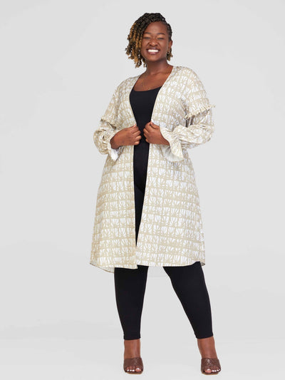 Vivo Ziwa Long Sleeve Ruffle Midi Kimono - Taupe / Off White Mtende Abstract Print - Shopzetu