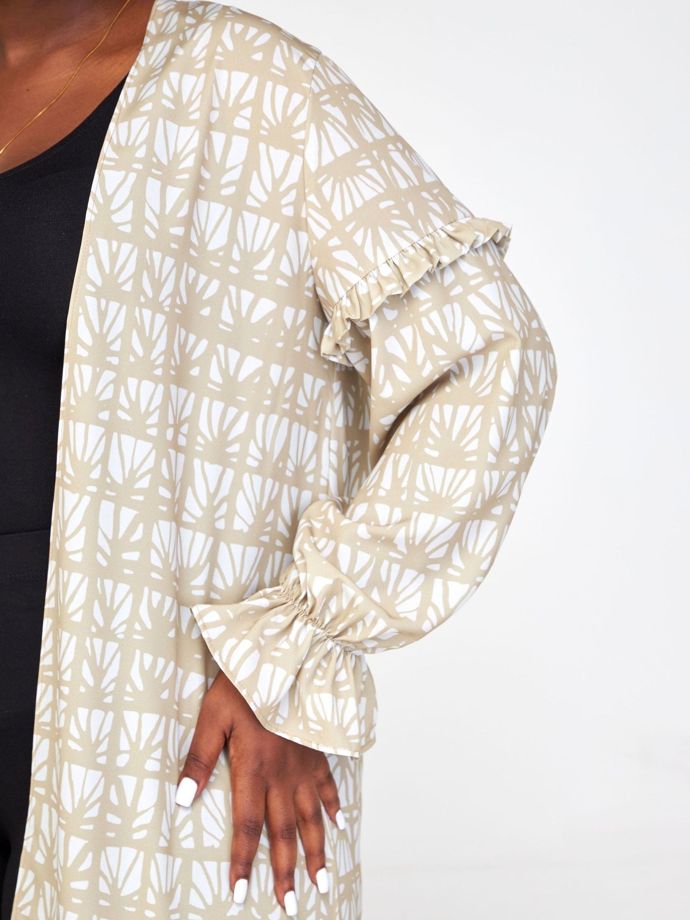 Vivo Ziwa Long Sleeve Ruffle Midi Kimono - Taupe / Off White Mtende Abstract Print - Shopzetu