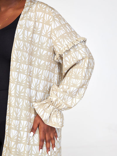 Vivo Ziwa Long Sleeve Ruffle Midi Kimono - Taupe / Off White Mtende Abstract Print - Shopzetu