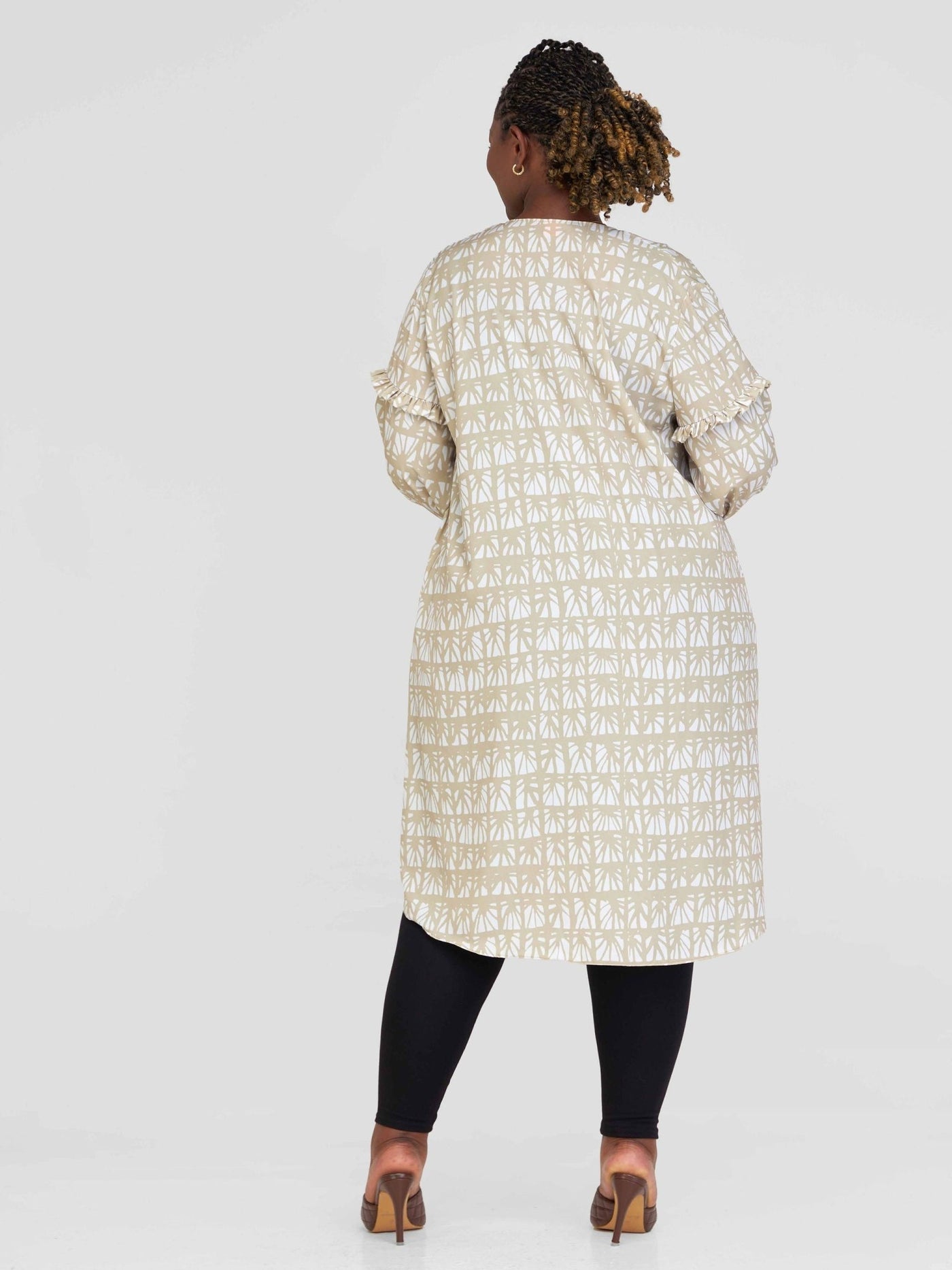 Vivo Ziwa Long Sleeve Ruffle Midi Kimono - Taupe / Off White Mtende Abstract Print - Shopzetu