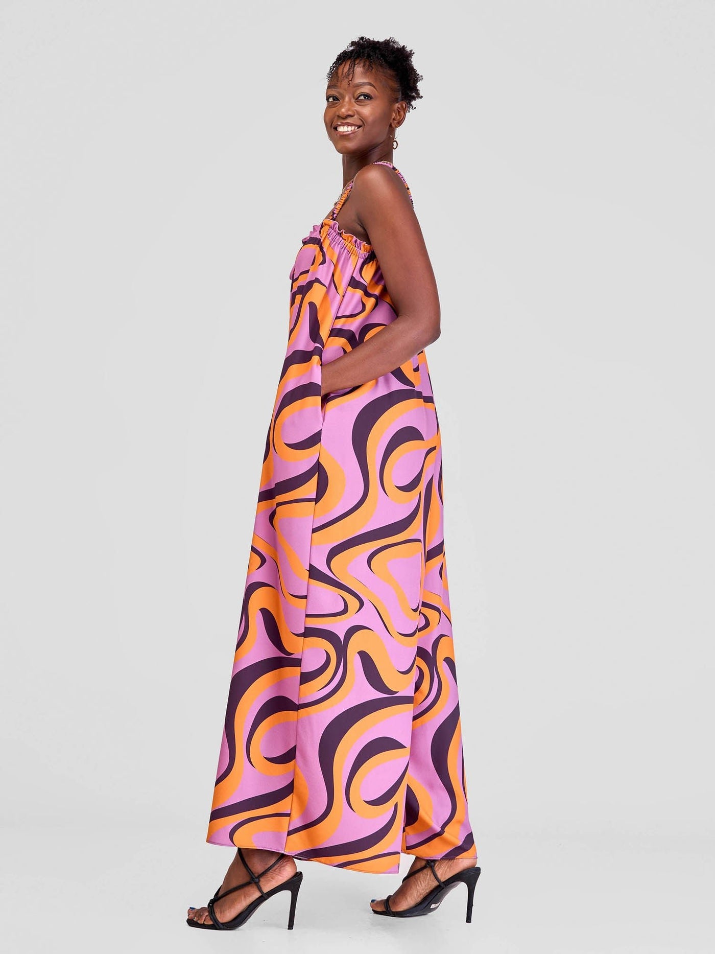 Vivo Situ Ruffle Neck Jumpsuit - Purple Mustard Manda Print - Shopzetu