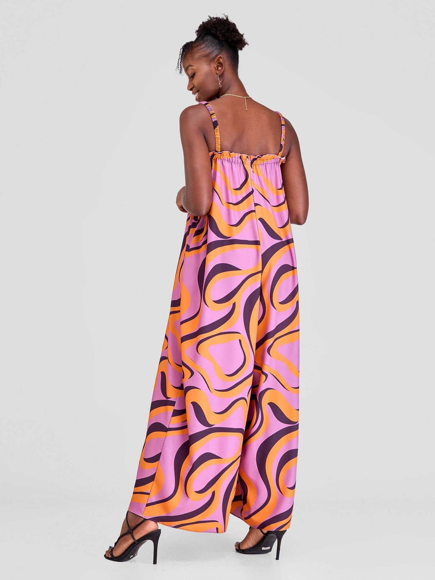 Vivo Situ Ruffle Neck Jumpsuit - Purple Mustard Manda Print - Shopzetu