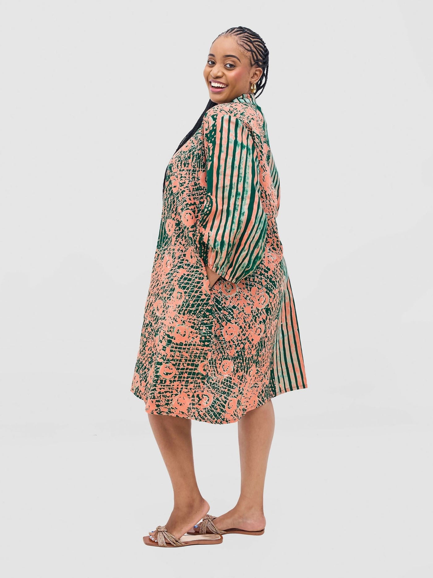 Vivid Afrikana Zinduka Zipper Dress - Green / Peach - Shopzetu