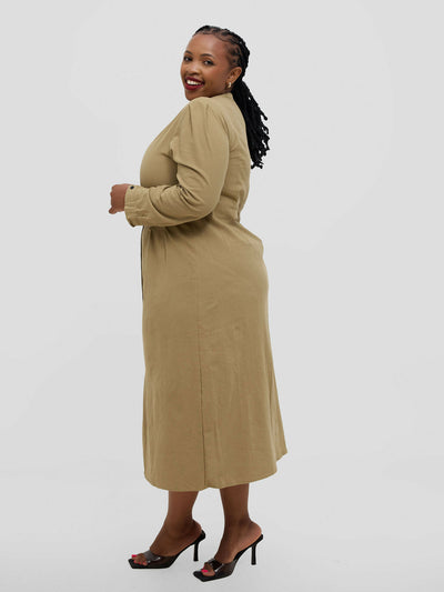 Hessed Long Sleeved Buttoned Dress - Khaki - Shopzetu