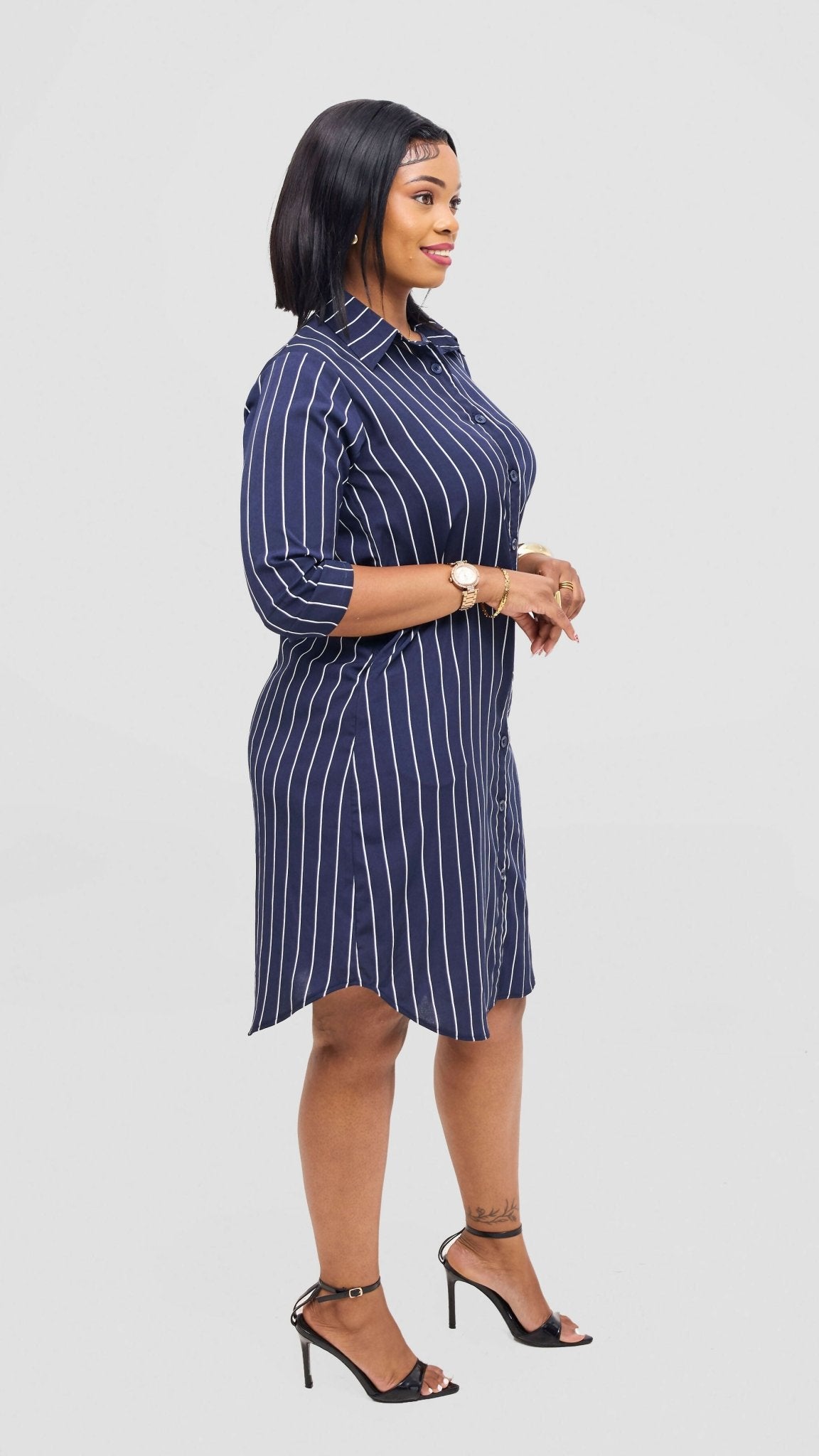 Salok Havilah Waini Shirt Dress - Navy Blue Stripes - Shopzetu