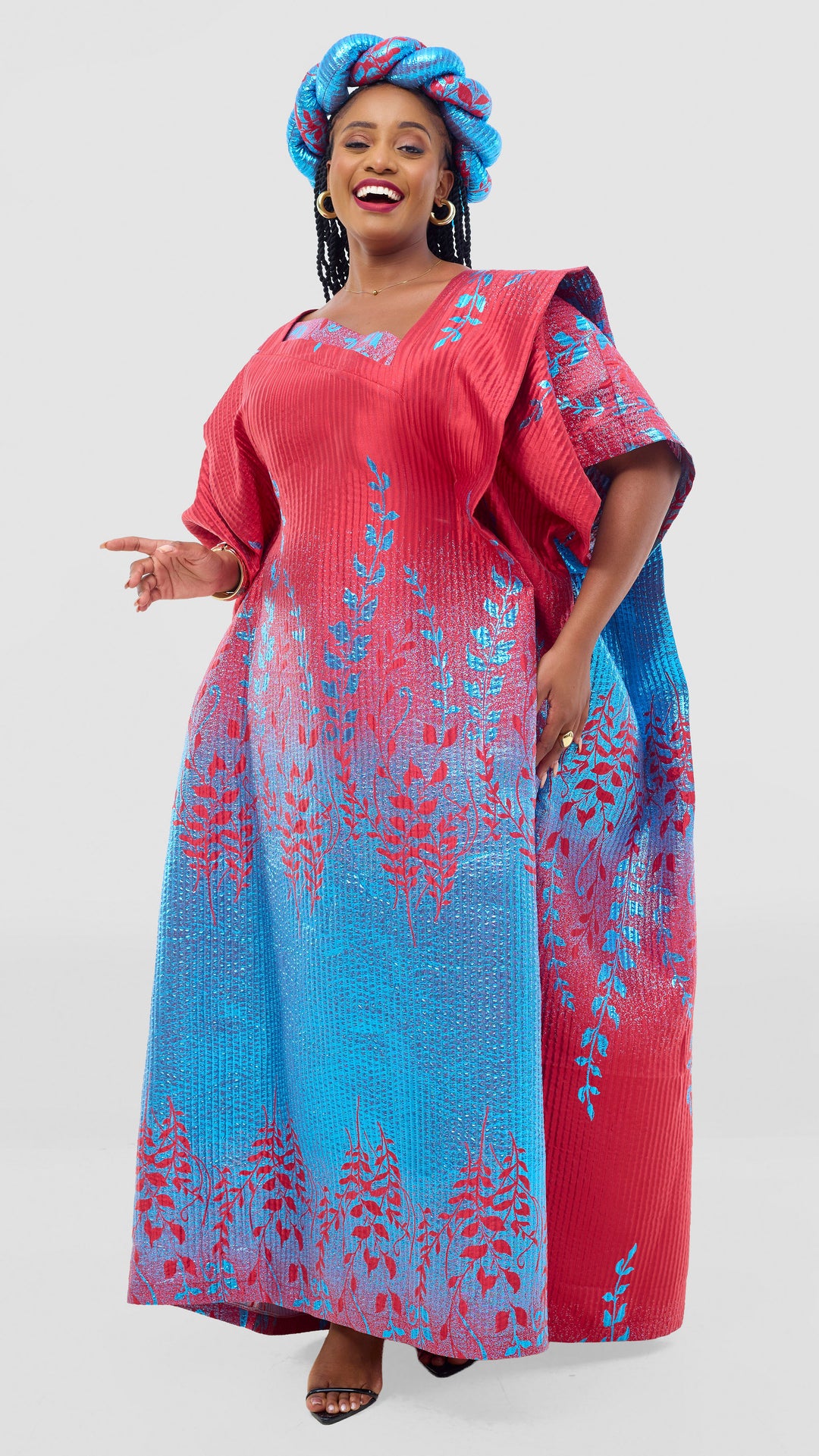 Shona Bold Elegance Brocade Dress With Matching Headpiece - Red Blue