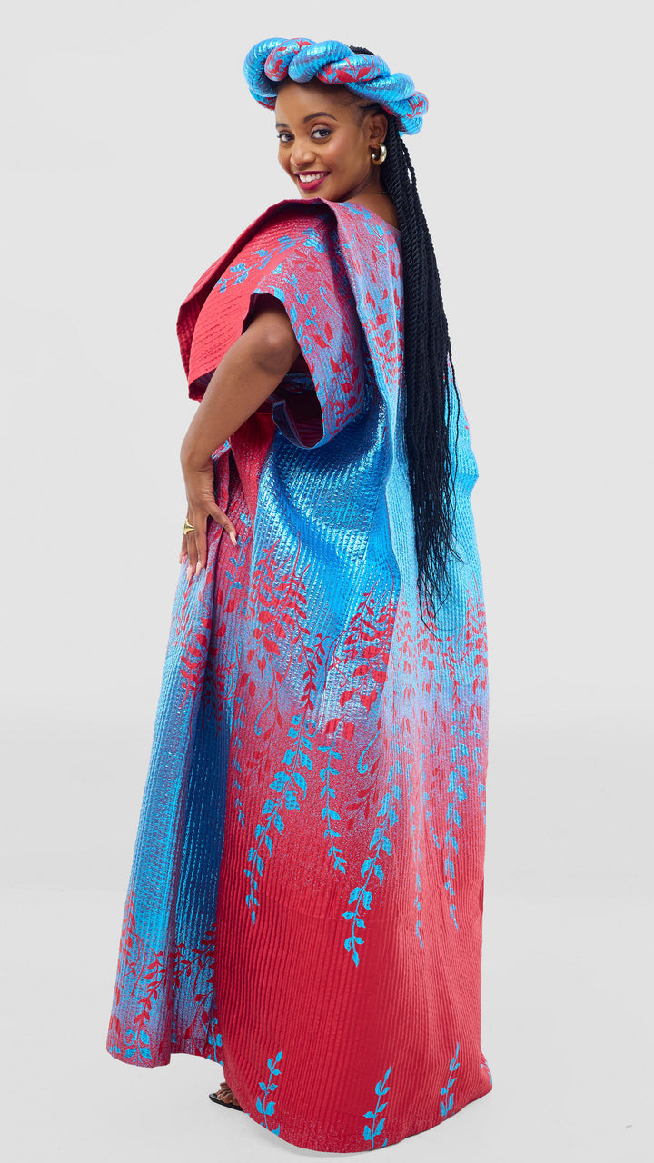 Shona Bold Elegance Brocade Dress With Matching Headpiece - Red Blue