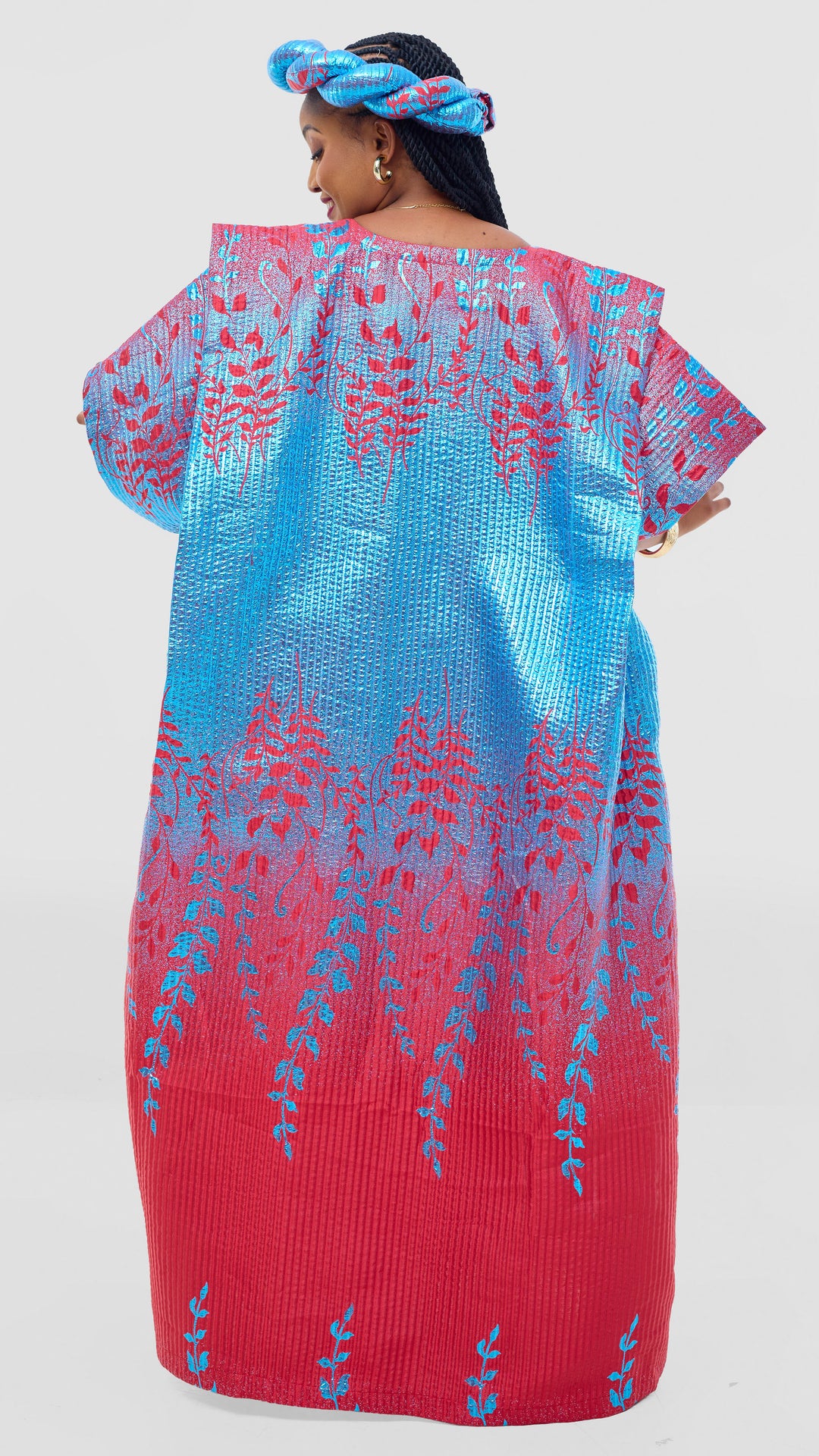 Shona Bold Elegance Brocade Dress With Matching Headpiece - Red Blue