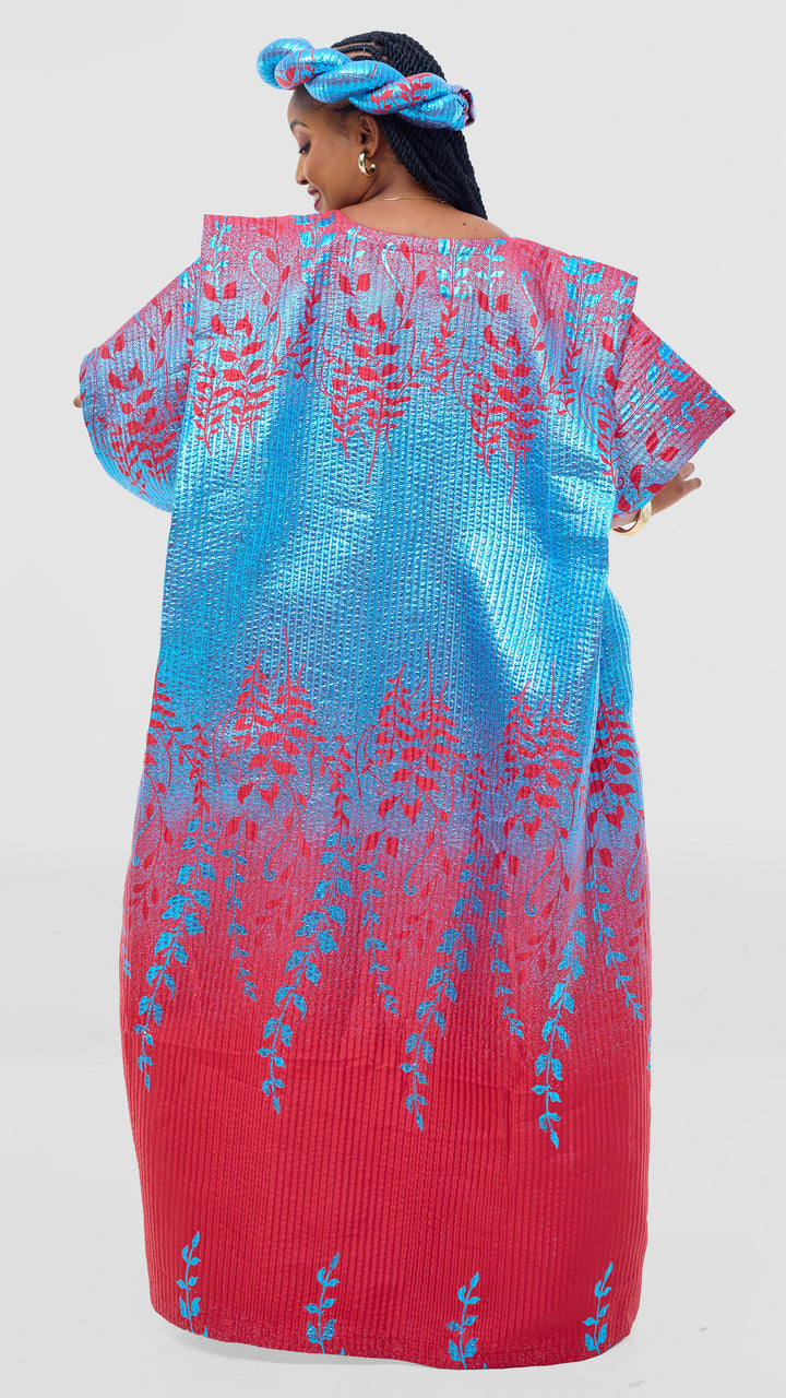 Shona Bold Elegance Brocade Dress With Matching Headpiece - Red Blue