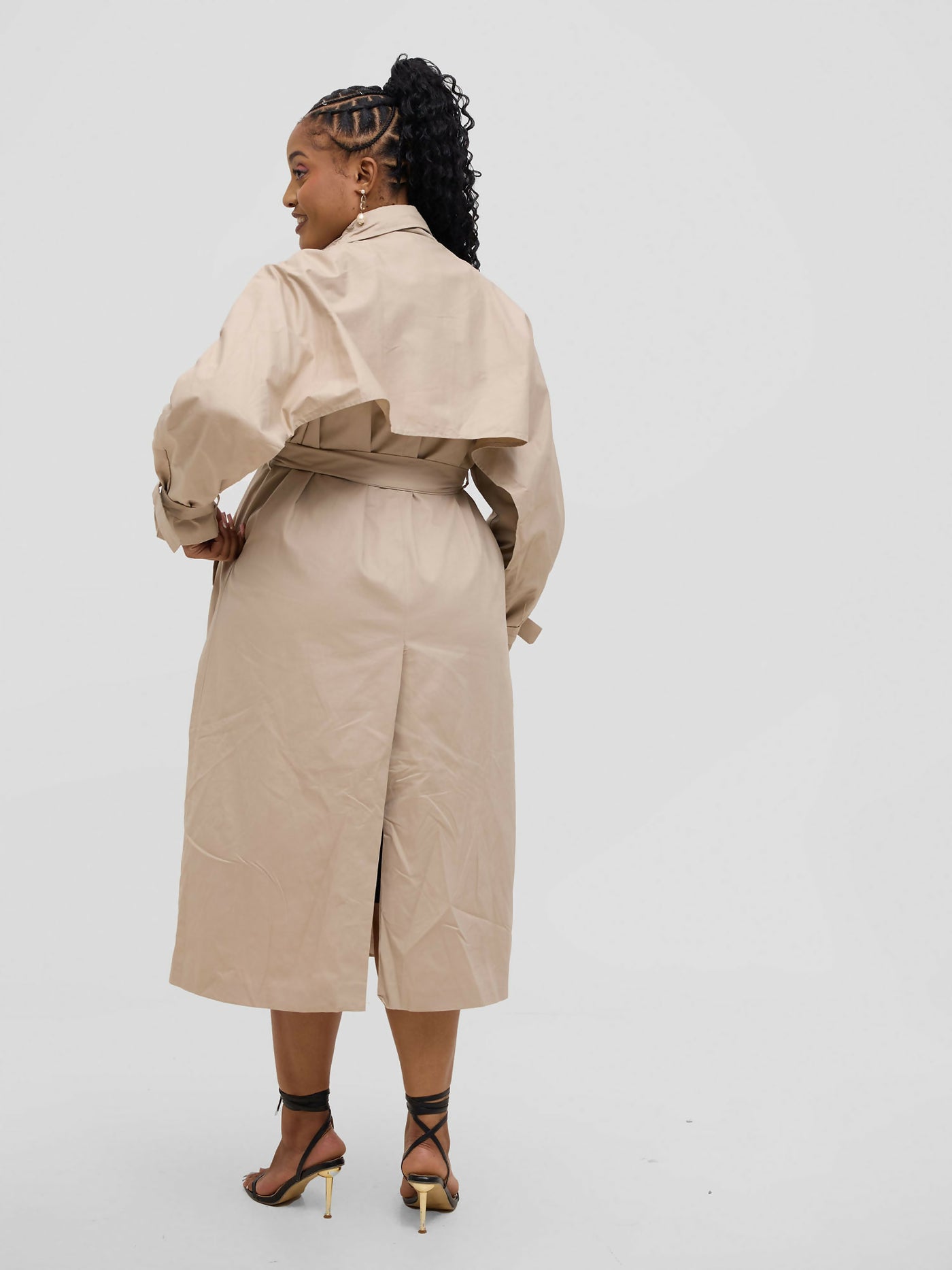 Hessed Double Breasted Buttoned & Belt Trench Coat - Beige - Shopzetu