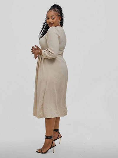 Hessed V - Neck Pleated Long Sleeved Dress - Biege - Shopzetu