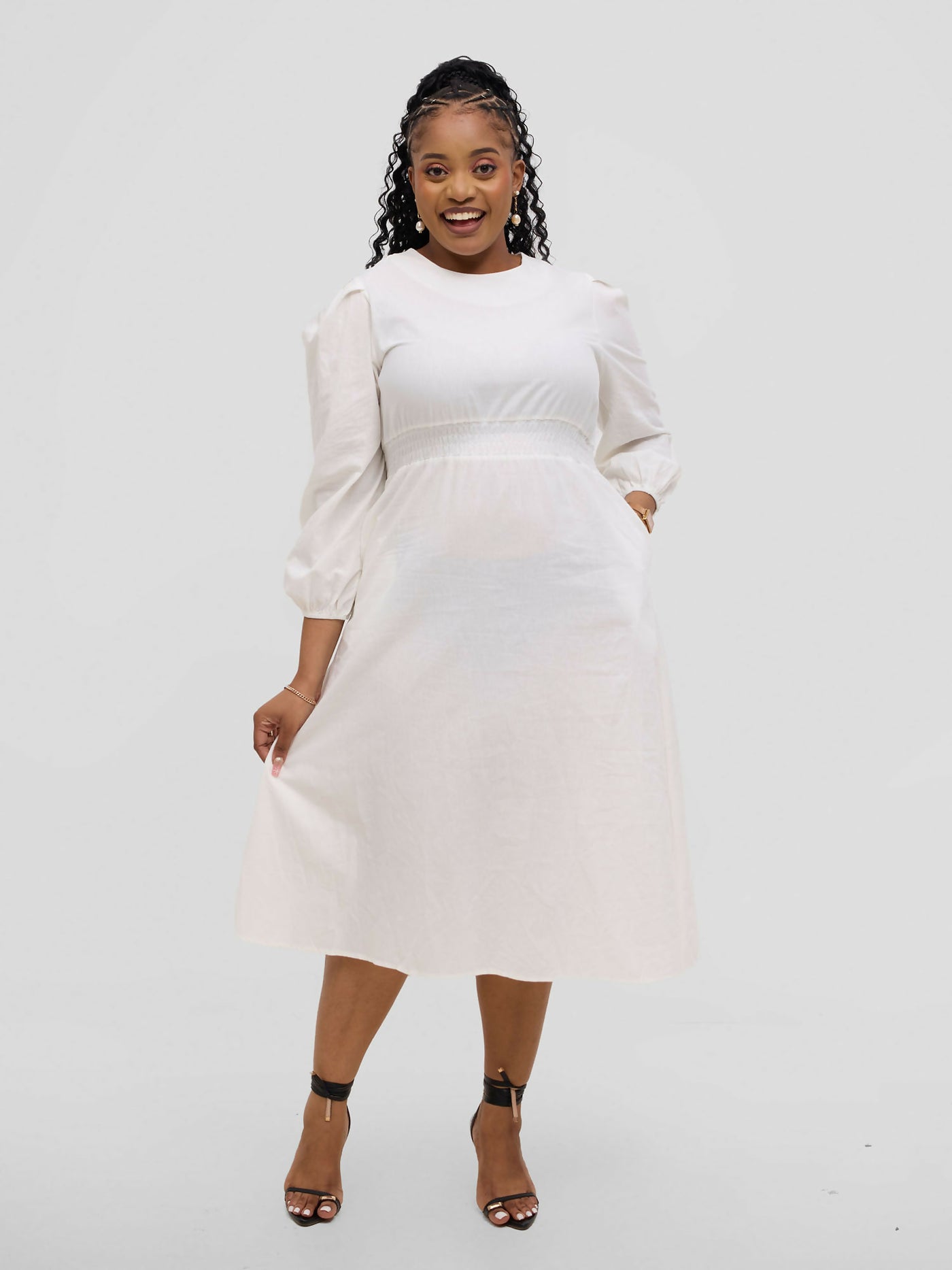 Hessed Round Neck Aline Long Sleeved Dress - White - Shopzetu