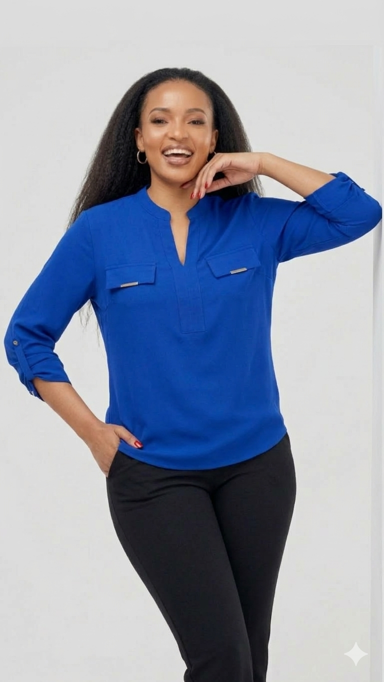 The Fashion Frenzy Royal Blue Notch Neck Blouse