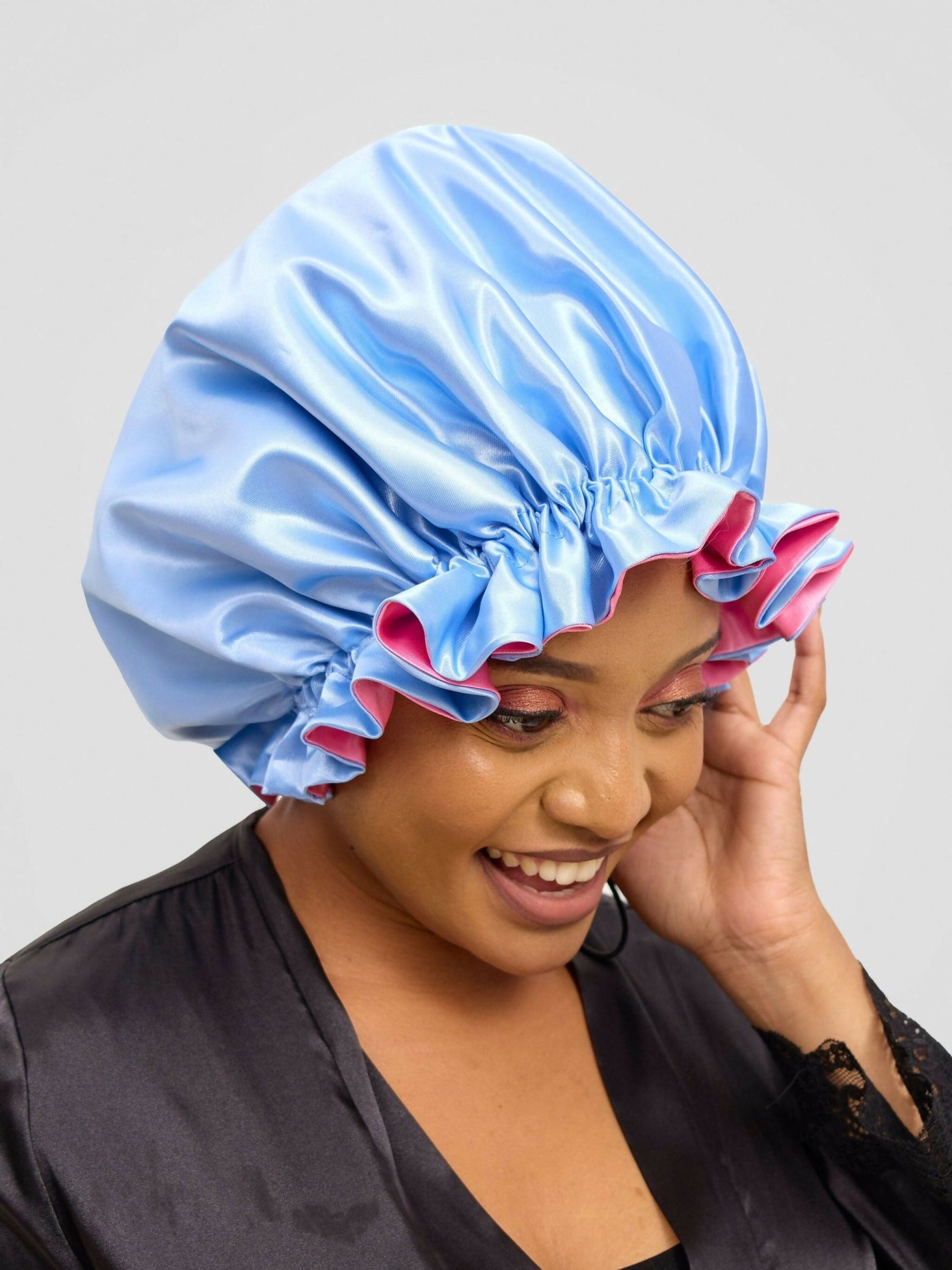 Satin Luxe Ruffle Bonnet - Pink / Blue - Shopzetu
