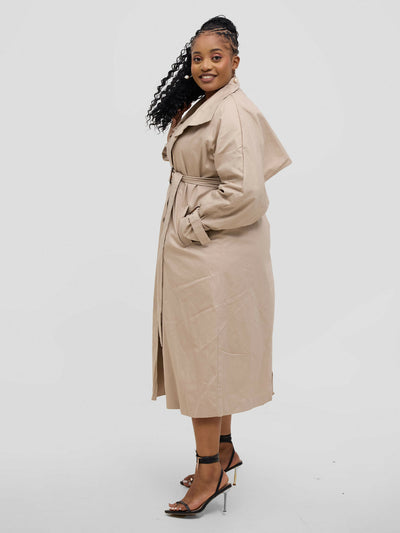 Hessed Double Breasted Buttoned & Belt Trench Coat - Beige - Shopzetu