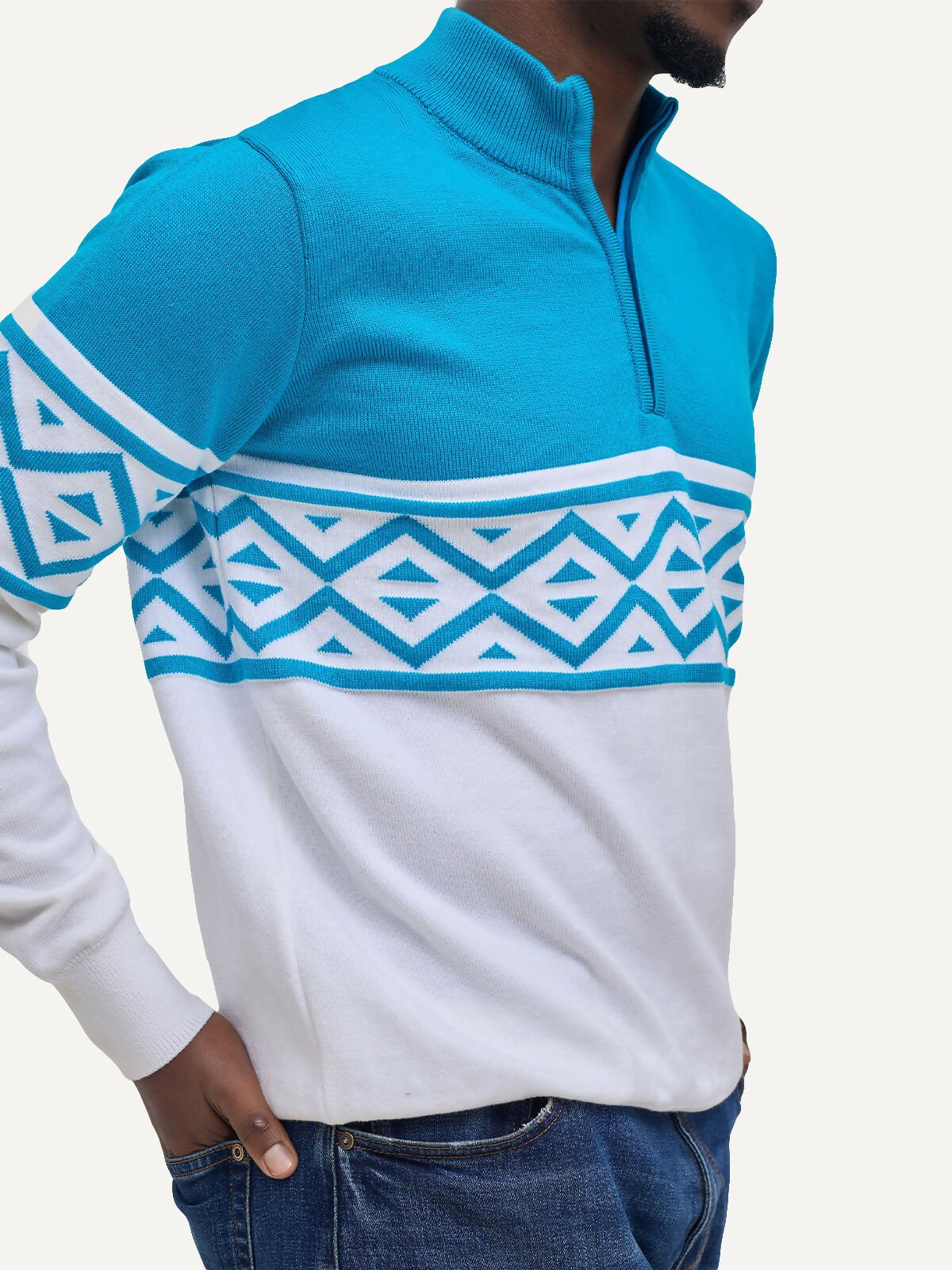 Kali Men KnitWear Half - Zip Sweater - Teal / White - Shopzetu