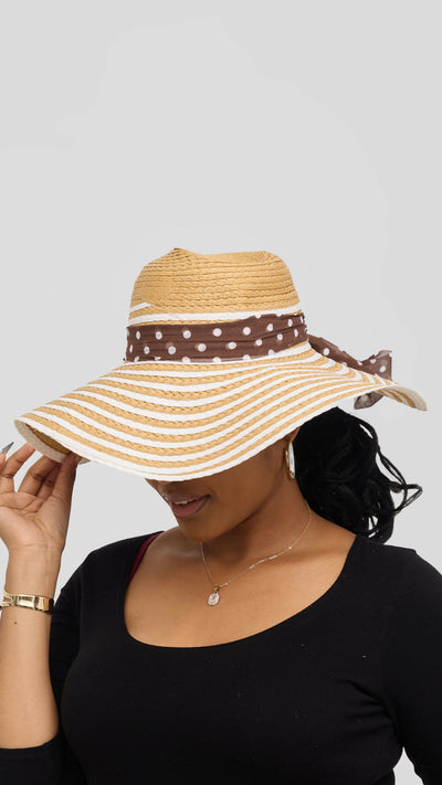 Umbo Collections Wide Brim Straw Sun With Polka Dot Bow Hat - Brown
