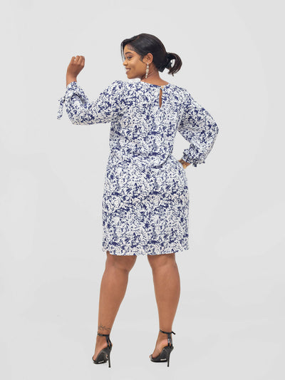 The Fashion Frenzy White and Blue Printed Shift Dress - Navy Blue - Shopzetu