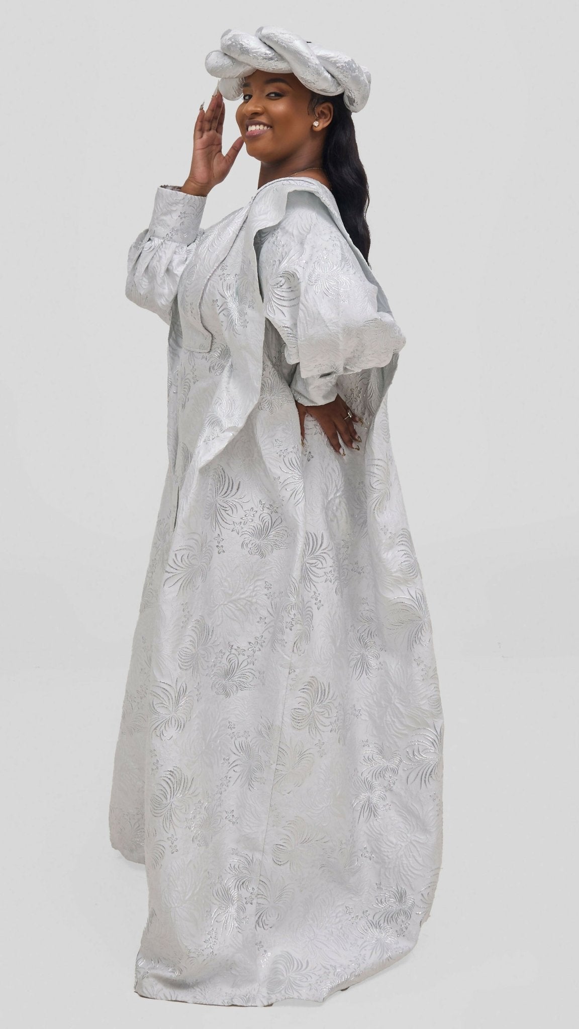 Hats And More Majestic Radiance Kaftan Dress & Matching Headwrap – Silver Print - Shopzetu