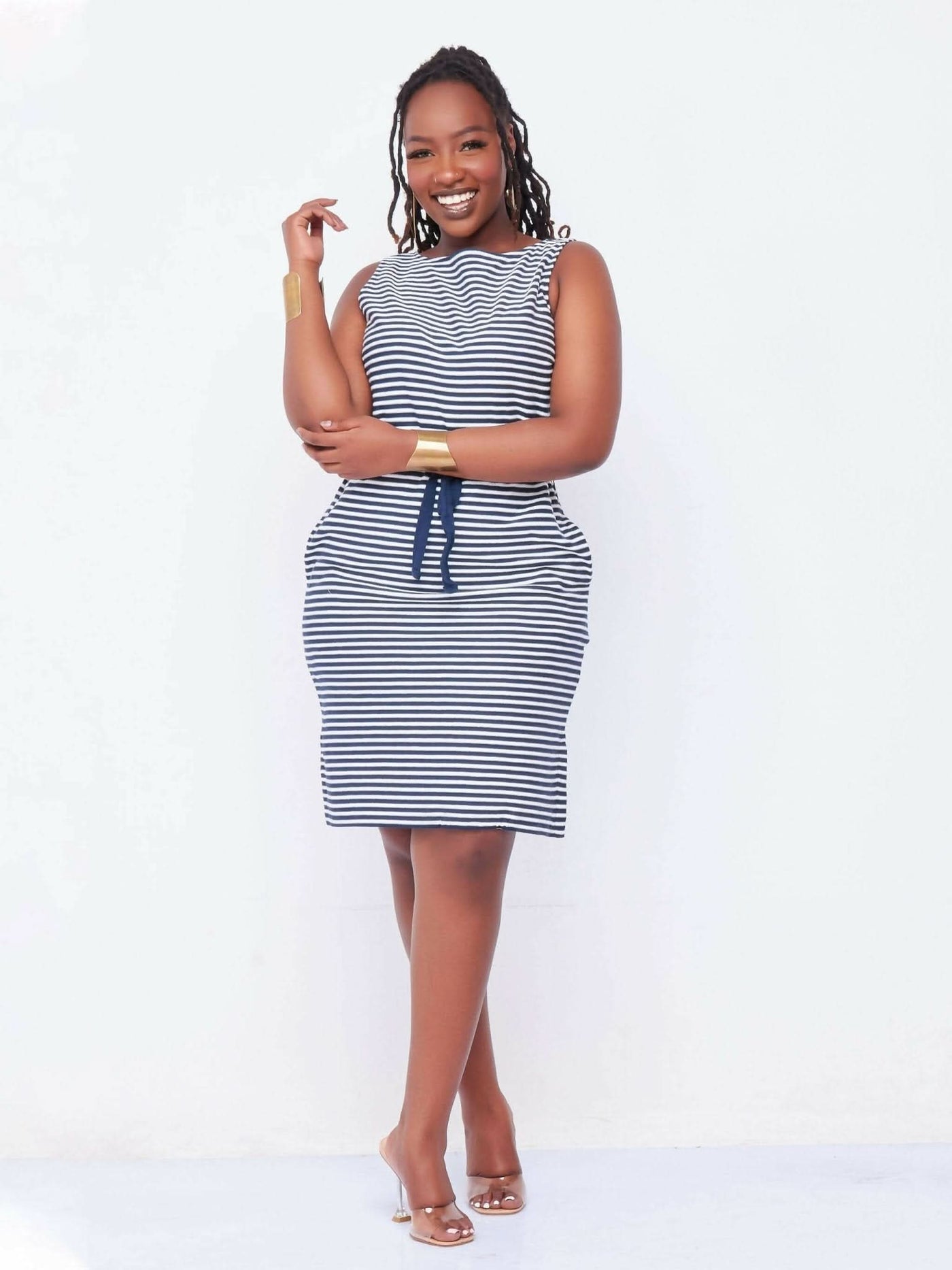 Hessed Mini Stripped Sleeveless Dress - Navy Blue - Shopzetu