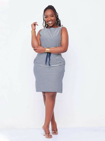Hessed Mini Stripped Sleeveless Dress - Navy Blue - Shopzetu