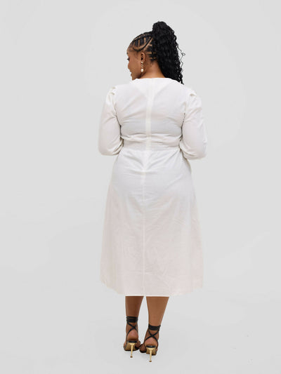 Hessed Round Neck Aline Long Sleeved Dress - White - Shopzetu