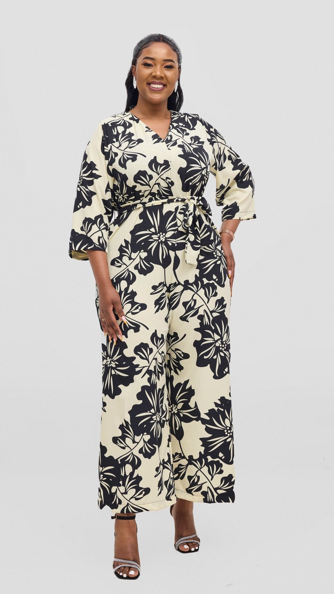 Vivo Diella V - Neck Jumpsuit - Cream / Black Print - Shopzetu