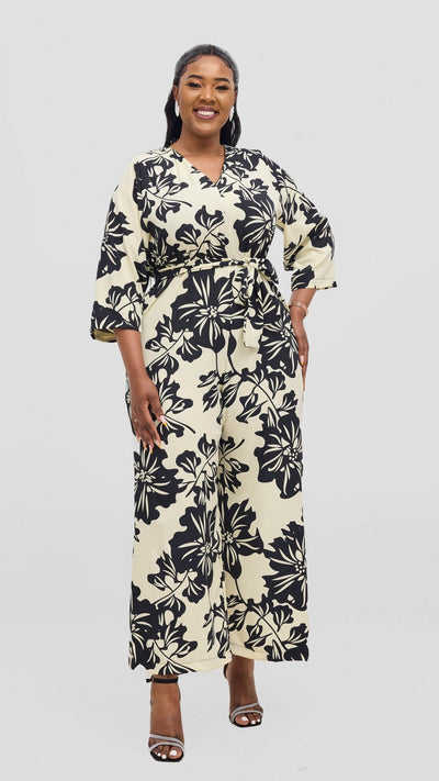 Vivo Diella V - Neck Jumpsuit - Cream / Black Print - Shopzetu